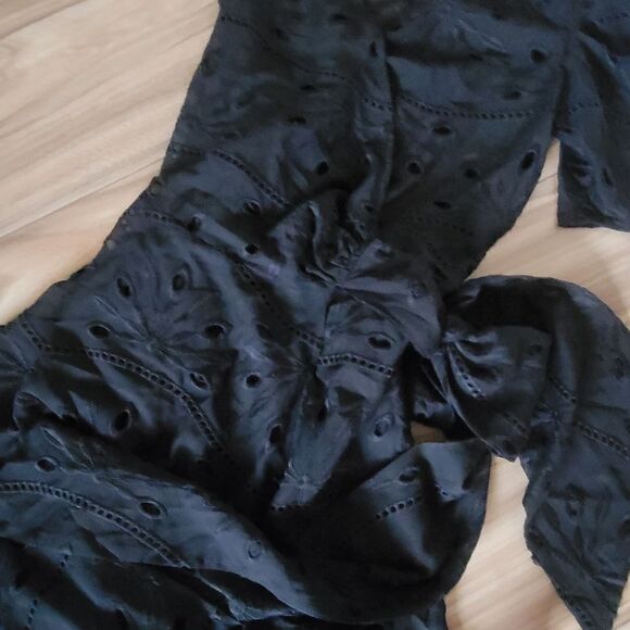 Handmade One Shoulder Puff Sleeve Floral Eyelet Wrap Midi Dress in Black - Picture 4 of 10